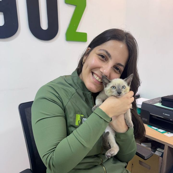 Veterinária da Miauz com um filhote de gato no colo, no consultório felino da Pituba